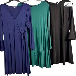 3 Old Navy Large Long Sleeve Dresses Green and Navy Stretch Black Zip NWOT